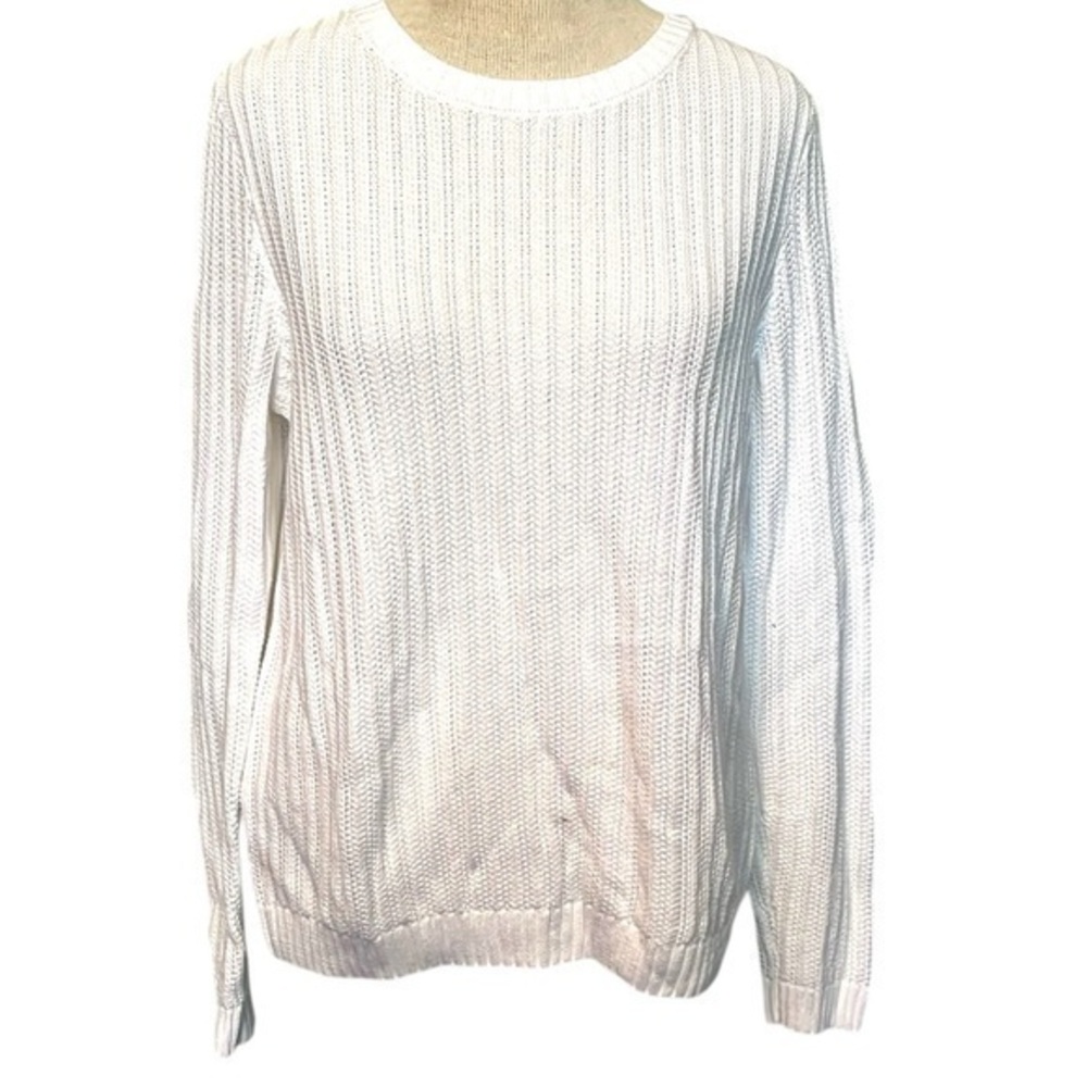Talbots long sleeve knitted sweater, crewneck, womens medium petite, white